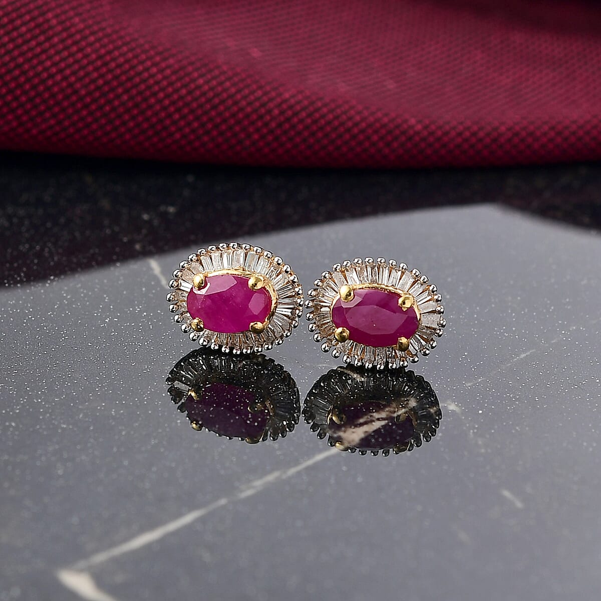 D'Joy AAA Royal Ruby and Diamond 1.50 ctw Stud Earrings in 18K Vermeil Yellow Gold Over Sterling Silver  image number 1