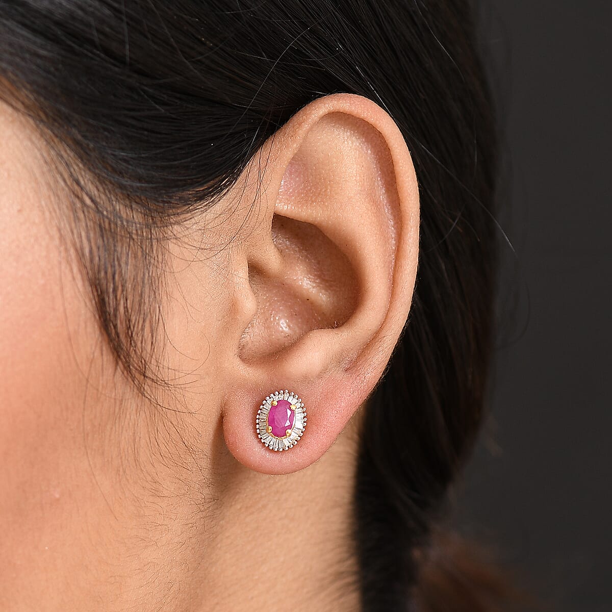 D'Joy AAA Royal Ruby and Diamond 1.50 ctw Stud Earrings in 18K Vermeil Yellow Gold Over Sterling Silver  image number 2