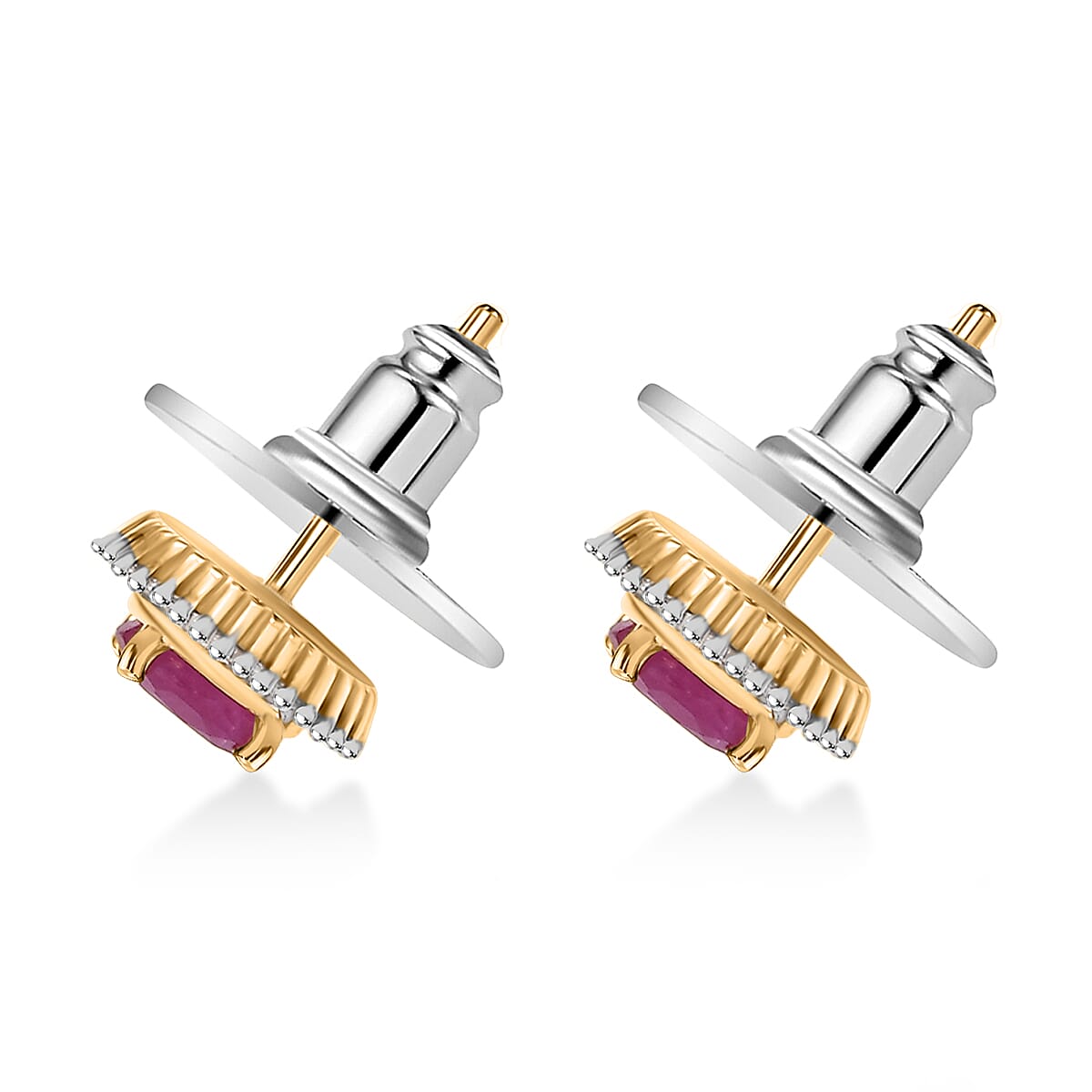D'Joy AAA Royal Ruby and Diamond 1.50 ctw Stud Earrings in 18K Vermeil Yellow Gold Over Sterling Silver  image number 3
