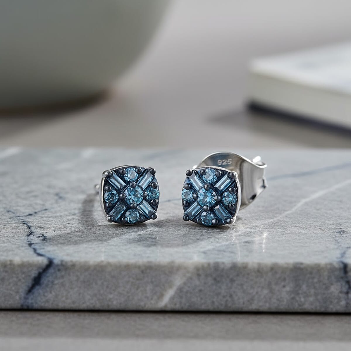 Doorbuster D'Joy Blue Diamond 0.15 ctw Stud Earrings in Rhodium Over Sterling Silver image number 1