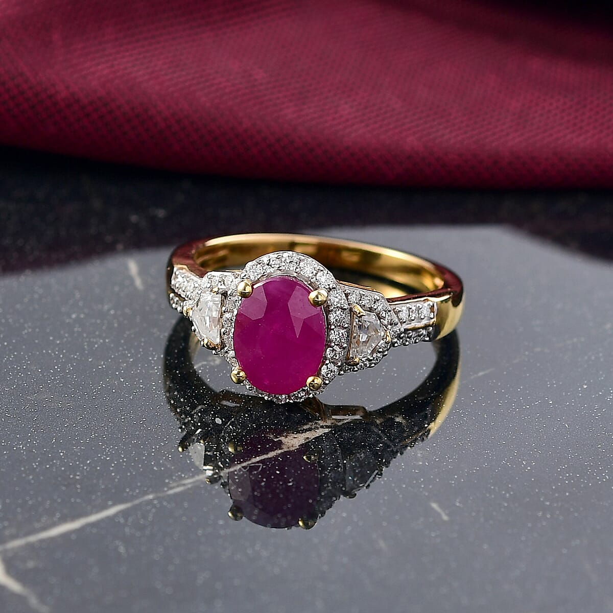 D'Joy AAA Royal Ruby and Moissanite 2.35 ctw Ring in 18K Vermeil Yellow Gold Over Sterling Silver (Size 6.0) image number 1