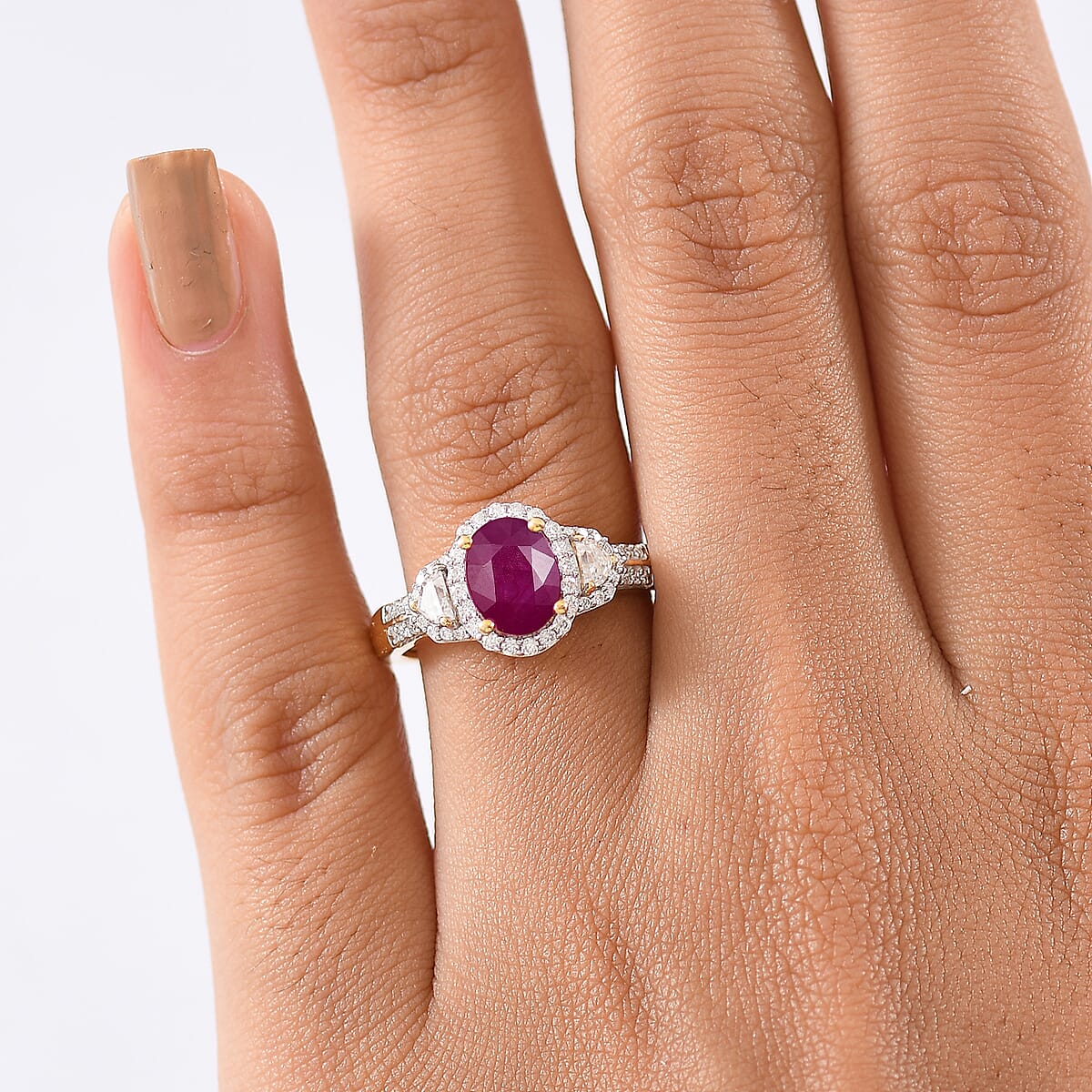 D'Joy AAA Royal Ruby and Moissanite 2.35 ctw Ring in 18K Vermeil Yellow Gold Over Sterling Silver (Size 7.0) image number 1