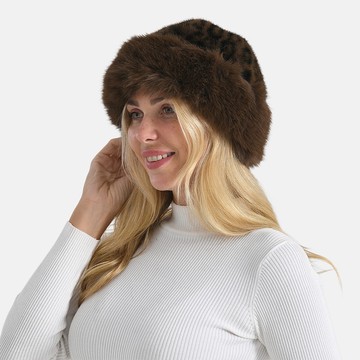 LA MAREY Brown Leopard Pattern Faux Fur Hat image number 2