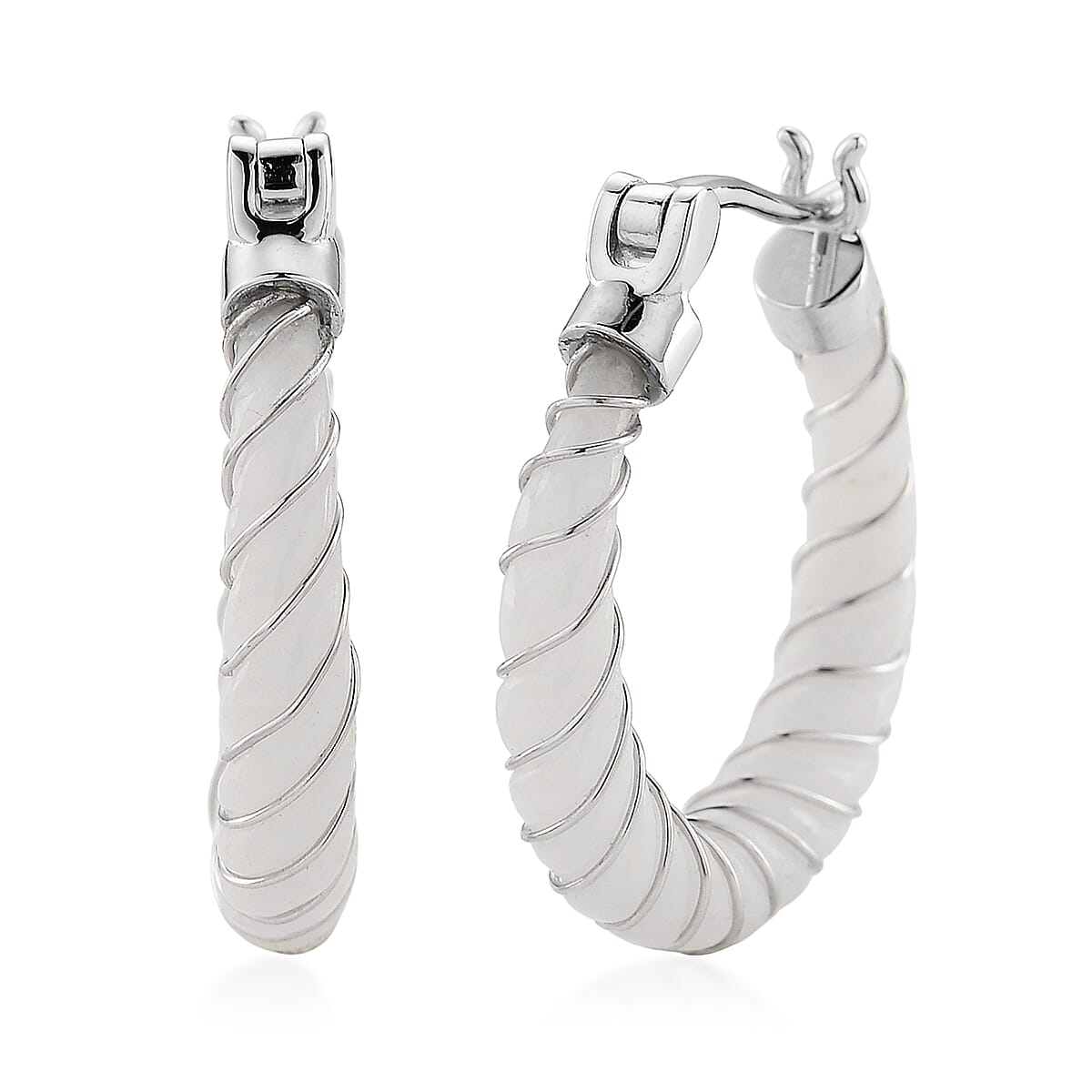 D'Joy Natural Jade 5.30 ctw Carved Hoop Earrings in Rhodium Over Sterling Silver