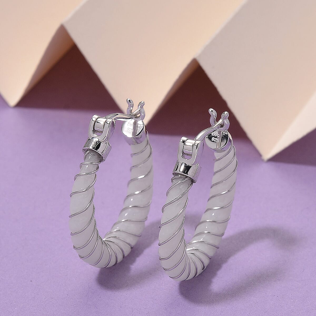 D'Joy Natural Jade 5.30 ctw Carved Hoop Earrings in Rhodium Over Sterling Silver image number 1