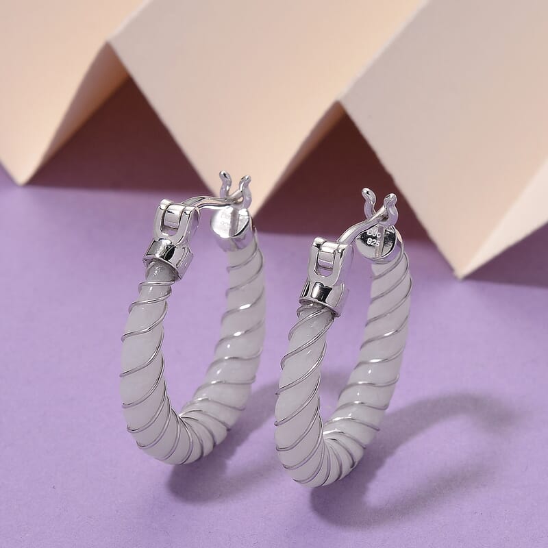 D'Joy Natural Jade 5.30 ctw Carved Hoop Earrings in Rhodium Over Sterling Silver
