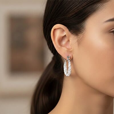 D'Joy Natural Jade 5.30 ctw Carved Hoop Earrings in Rhodium Over Sterling Silver