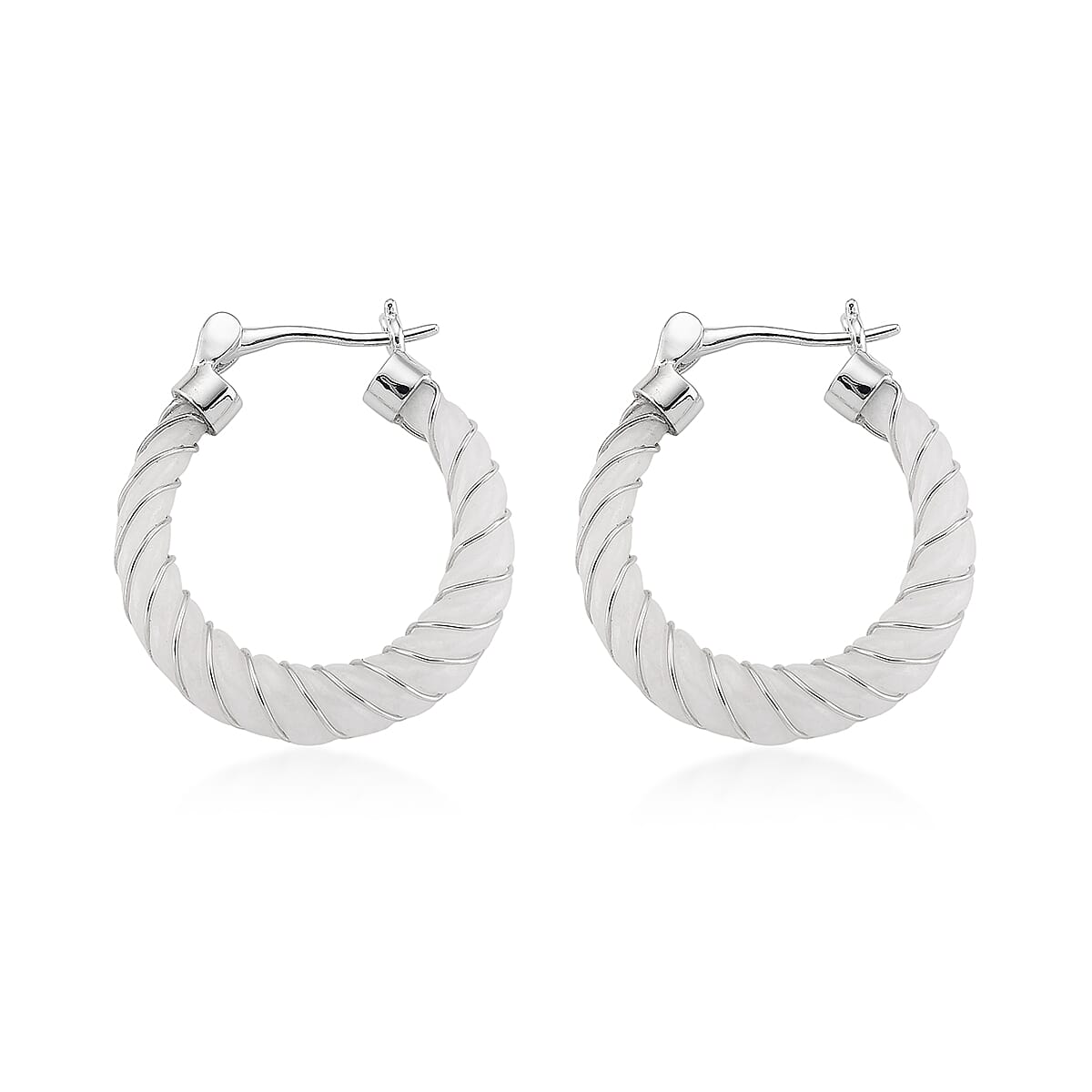 D'Joy Natural Jade 5.30 ctw Carved Hoop Earrings in Rhodium Over Sterling Silver