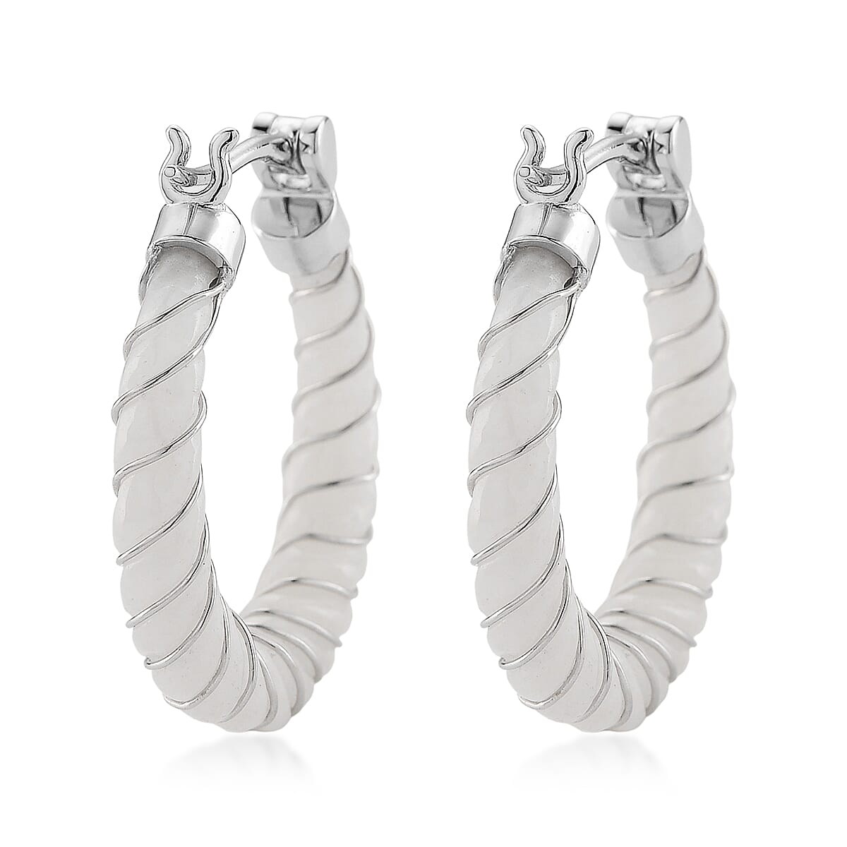 D'Joy Natural Jade 5.30 ctw Carved Hoop Earrings in Rhodium Over Sterling Silver