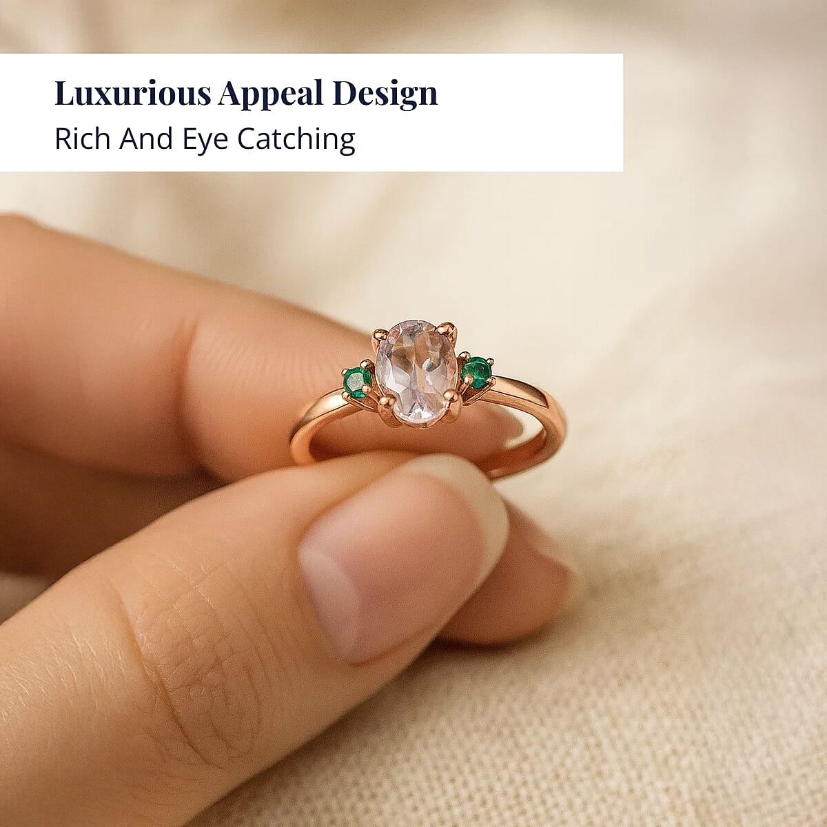 D'Joy Premium Pink Morganite and Emerald 0.85 ctw Art Deco Ring in 18K Vermeil Rose Gold Over Sterling Silver (Size 8.0) image number 4