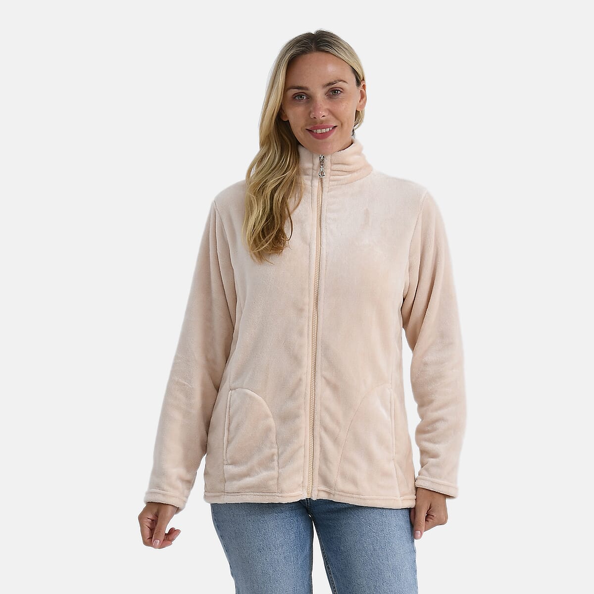 Tamsy Beige Velvet Zip Front Jacket with 2 Front Pockets - S/M image number 0