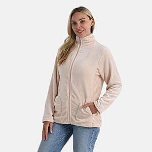 Tamsy Beige Velvet Zip Front Jacket with 2 Front Pockets - S/M