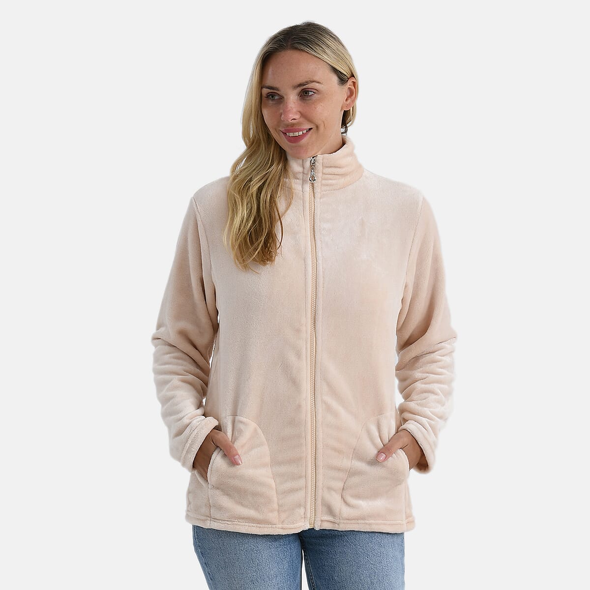 Tamsy Beige Velvet Zip Front Jacket with 2 Front Pockets - S/M image number 3