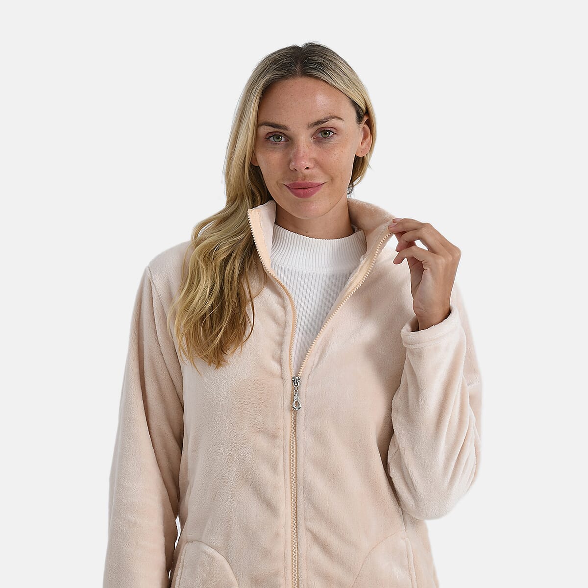 Tamsy Beige Velvet Zip Front Jacket with 2 Front Pockets - S/M image number 5