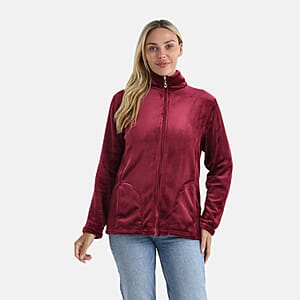 Tamsy Red Velvet Zip Front Jacket with 2 Front Pockets - L/XL