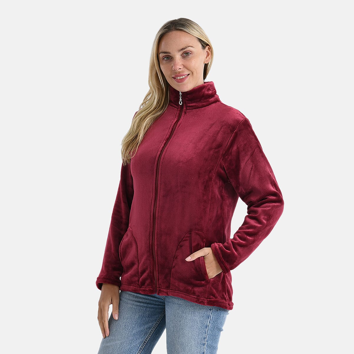 Tamsy Red Velvet Zip Front Jacket with 2 Front Pockets - L/XL image number 2