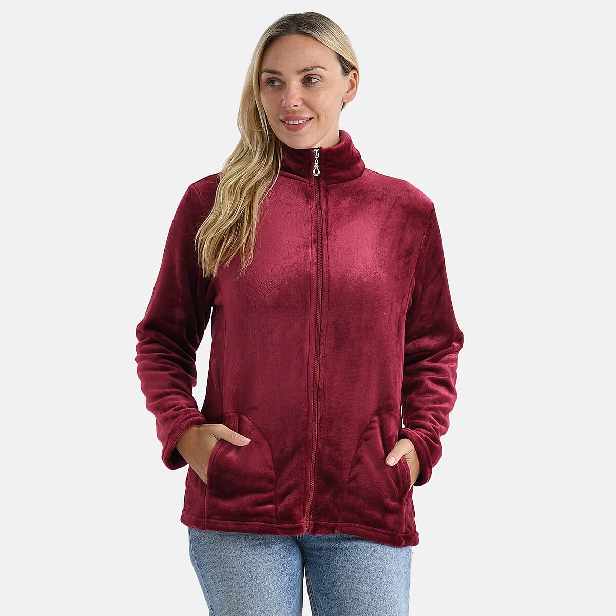 Tamsy Red Velvet Zip Front Jacket with 2 Front Pockets - L/XL image number 3