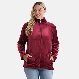 Tamsy Red Velvet Zip Front Jacket with 2 Front Pockets - L/XL