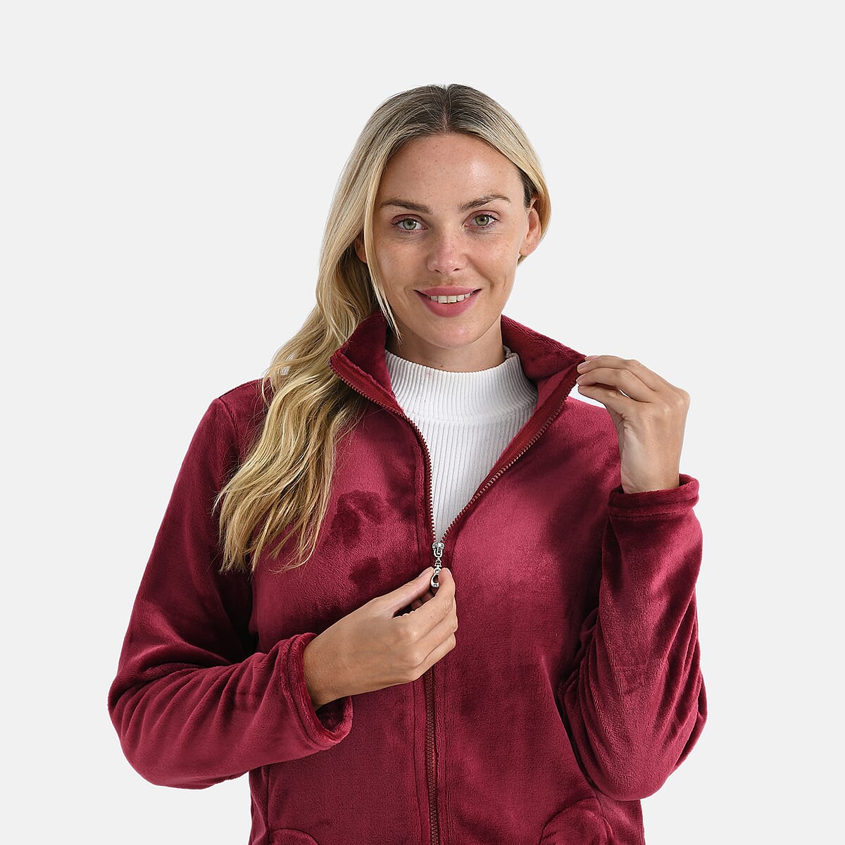 Tamsy Red Velvet Zip Front Jacket with 2 Front Pockets - L/XL image number 4