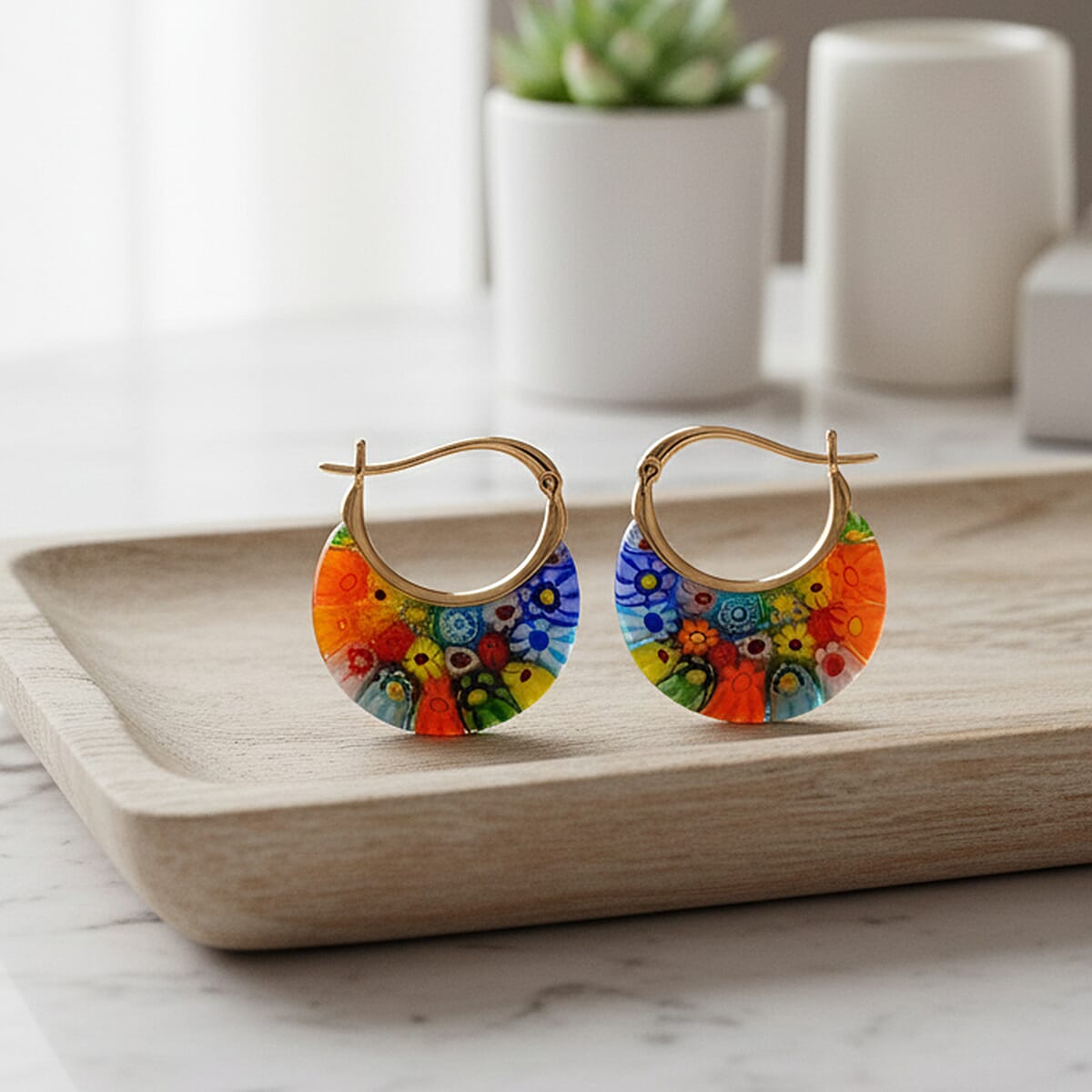 Multi Color Murano Style Solitaire Earrings in 10K Yellow Gold image number 1