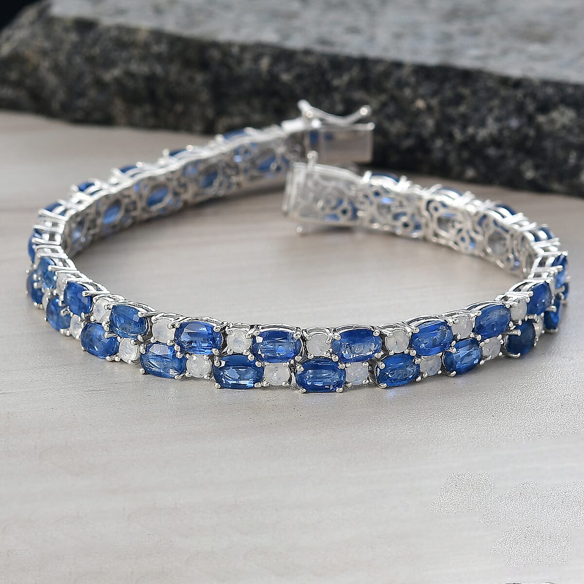 D'Joy Premium Kashmir Kyanite and Rainbow Moonstone 32.40 ctw Moonlit Constellation Bracelet in Rhodium Over Sterling Silver (8.00 In) image number 1