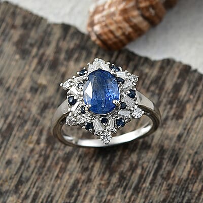D'Joy Premium Kashmir Kyanite and Multi Gemstone 3.20 ctw Supernova Bloom Ring in Rhodium Over Sterling Silver (Size 10.0)