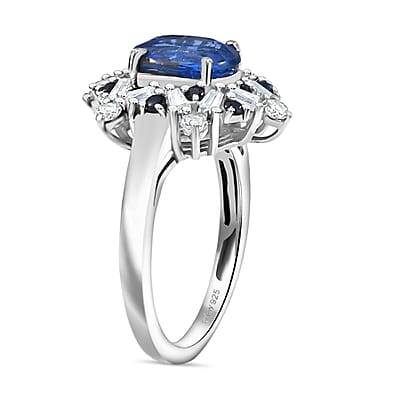 D'Joy Premium Kashmir Kyanite and Multi Gemstone 3.20 ctw Supernova Bloom Ring in Rhodium Over Sterling Silver (Size 10.0)