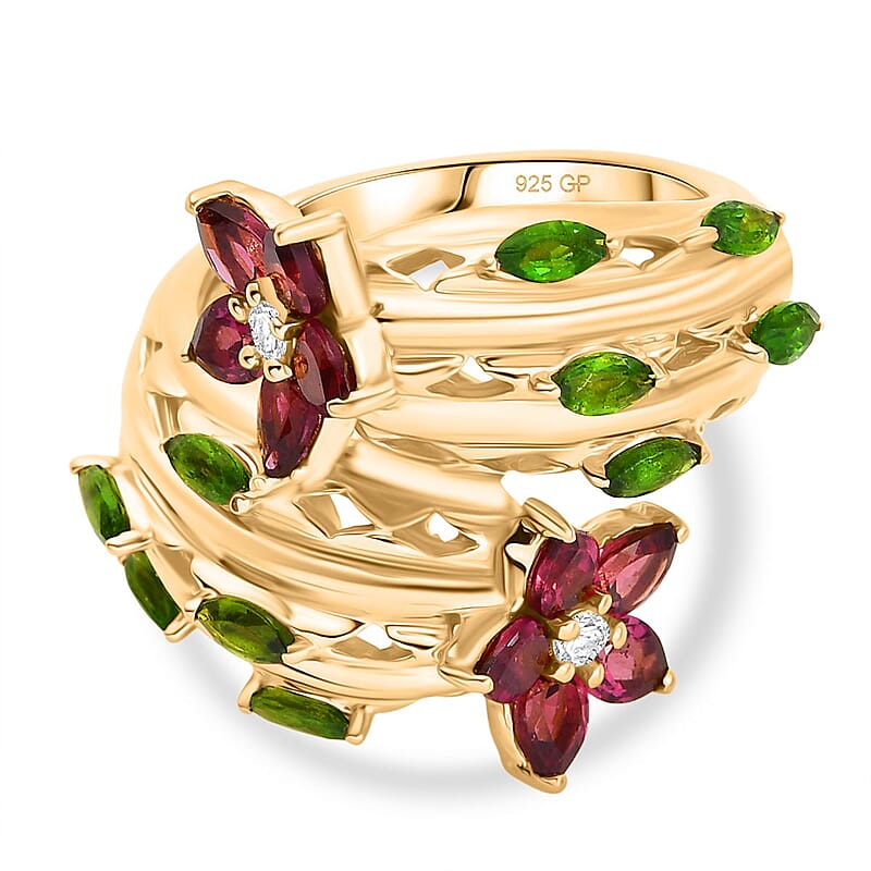 GP Orissa Rhodolite Garnet and Kanchanaburi Blue Sapphire 3.41 ctw Fancy Ring in 18K Vermeil Yellow Gold Over Sterling Silver (Size 11.5) (8.33 g)