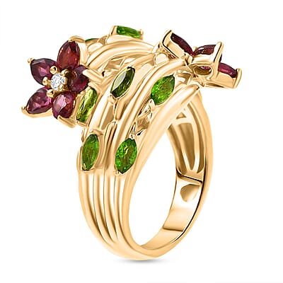 GP Orissa Rhodolite Garnet and Kanchanaburi Blue Sapphire 3.41 ctw Fancy Ring in 18K Vermeil Yellow Gold Over Sterling Silver (Size 11.5) (8.33 g)