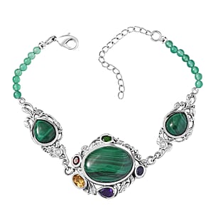 EverTrue African Malachite and Multi Gemstone 36.50 ctw Blooming Garden Bracelet in Platinum Bond (7.25 In)