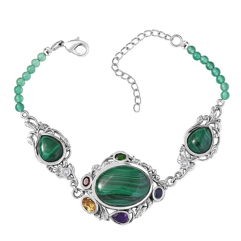 EverTrue African Malachite and Multi Gemstone 36.50 ctw Blooming Garden Bracelet in Platinum Bond (7.25 In)