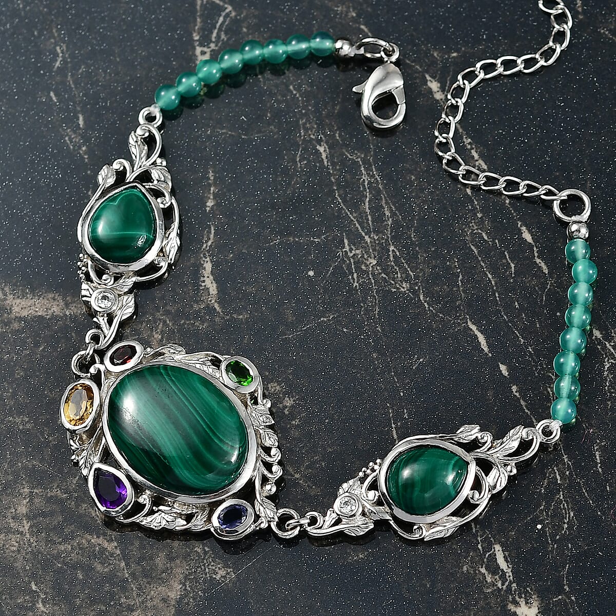 EverTrue African Malachite and Multi Gemstone 36.50 ctw Blooming Garden Bracelet in Platinum Bond (7.25 In) image number 1