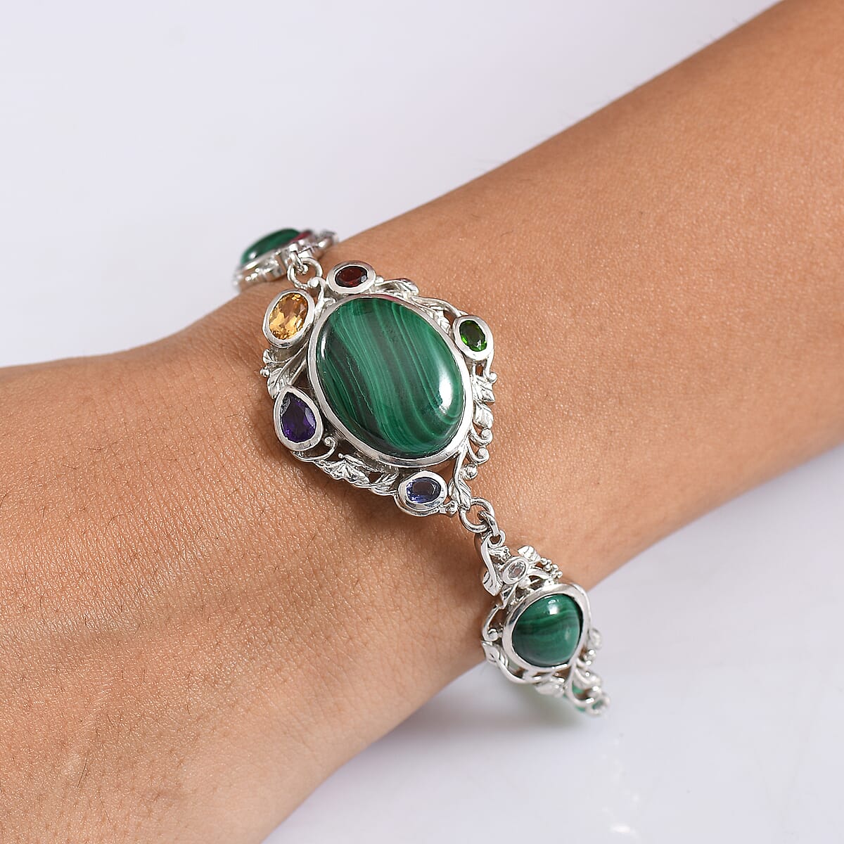 EverTrue African Malachite and Multi Gemstone 36.50 ctw Blooming Garden Bracelet in Platinum Bond (7.25 In) image number 2