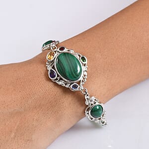 EverTrue African Malachite and Multi Gemstone 36.50 ctw Blooming Garden Bracelet in Platinum Bond (7.25 In)