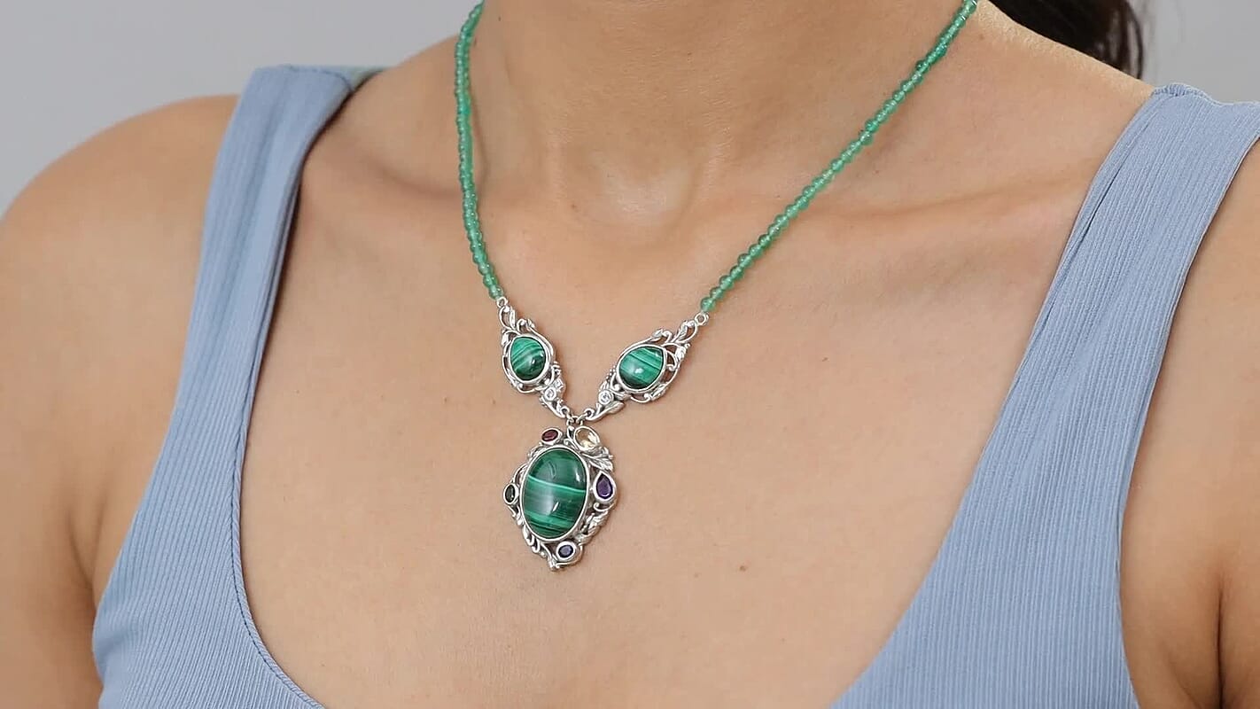 EverTrue African Malachite and Multi Gemstone 45.30 ctw Blooming Garden Necklace in Platinum Bond 18 Inches