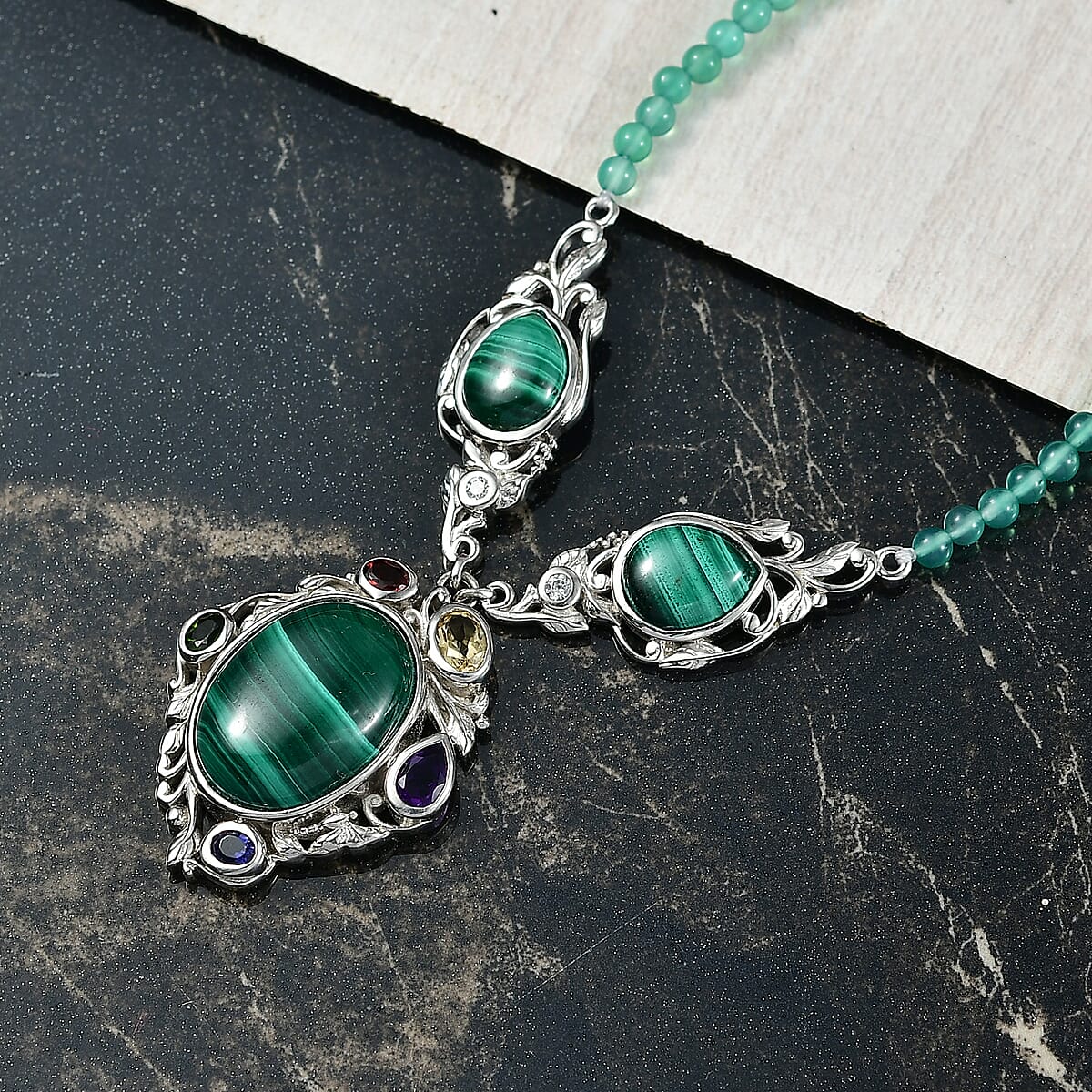 EverTrue African Malachite and Multi Gemstone 45.30 ctw Blooming Garden Necklace in Platinum Bond 18 Inches image number 1
