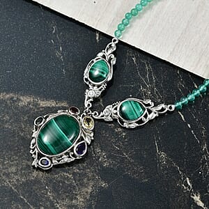 EverTrue African Malachite and Multi Gemstone 45.30 ctw Blooming Garden Necklace in Platinum Bond 18 Inches