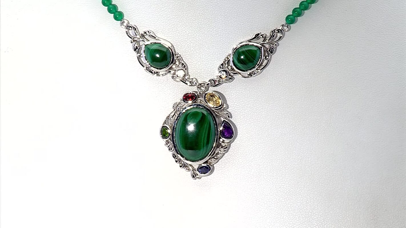 EverTrue African Malachite and Multi Gemstone 45.30 ctw Blooming Garden Necklace in Platinum Bond 18 Inches