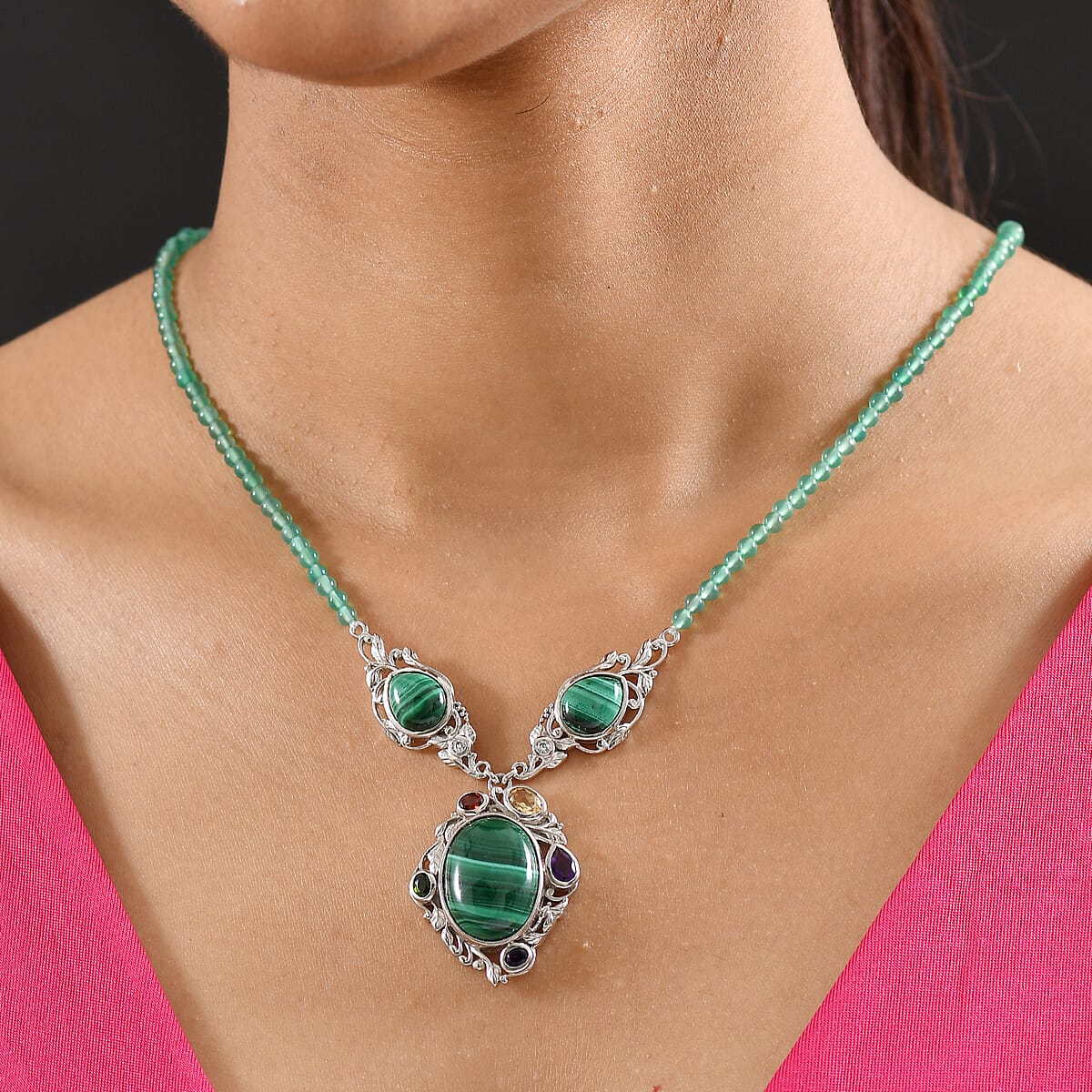 EverTrue African Malachite and Multi Gemstone 45.30 ctw Blooming Garden Necklace in Platinum Bond 18 Inches image number 2