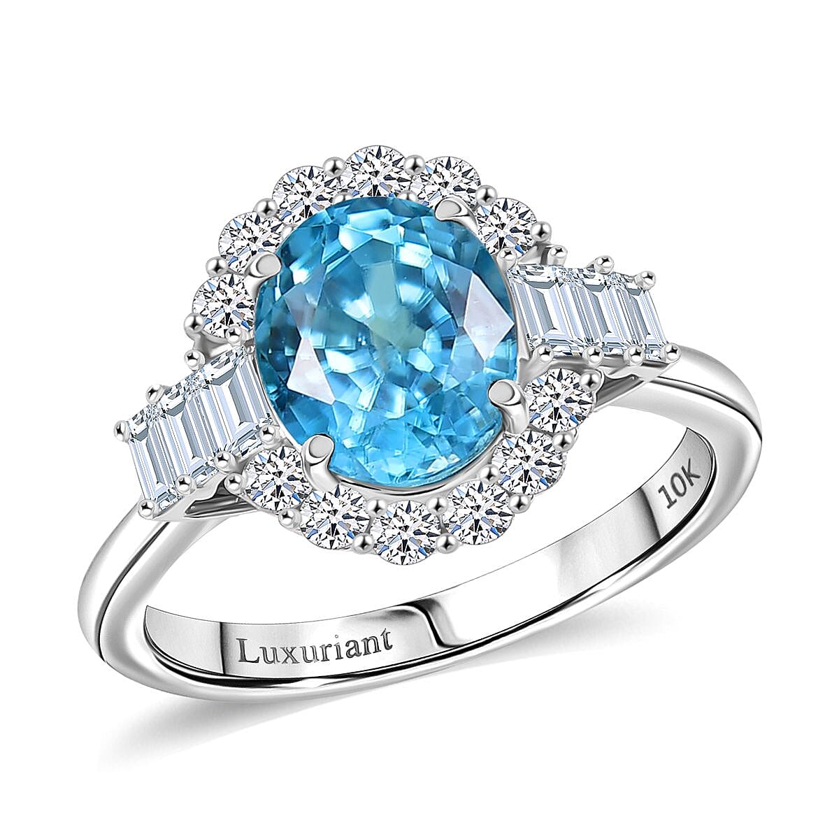 Certified & Appraised AAA Cambodian Blue Zircon and Luxuriant Lab Grown Diamond G-H SI 4.42 ctw Ring in 10K White Gold (Size 10.0)  image number 0