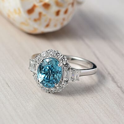 Certified & Appraised AAA Cambodian Blue Zircon and Luxuriant Lab Grown Diamond G-H SI 4.42 ctw Ring in 10K White Gold (Size 10.0) 