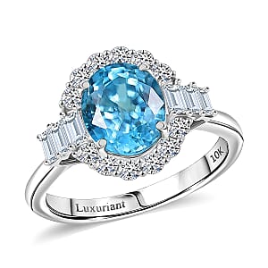 Certified & Appraised 10K White Gold AAA Cambodian Blue Zircon, Luxuriant Lab Grown Diamond (G-H, SI) Ring (Size 5.0) 4.42 ctw