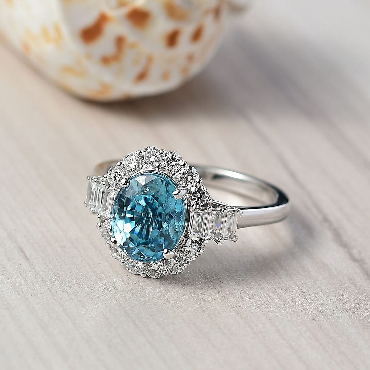 Certified & Appraised AAA Cambodian Blue Zircon and Luxuriant Lab Grown Diamond G-H SI 4.42 ctw Ring in 10K White Gold (Size 6.0)  image number 1