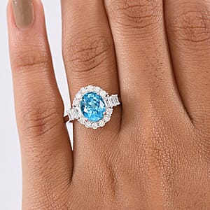 Certified & Appraised AAA Cambodian Blue Zircon and Luxuriant Lab Grown Diamond G-H SI 4.42 ctw Ring in 10K White Gold (Size 6.0) 