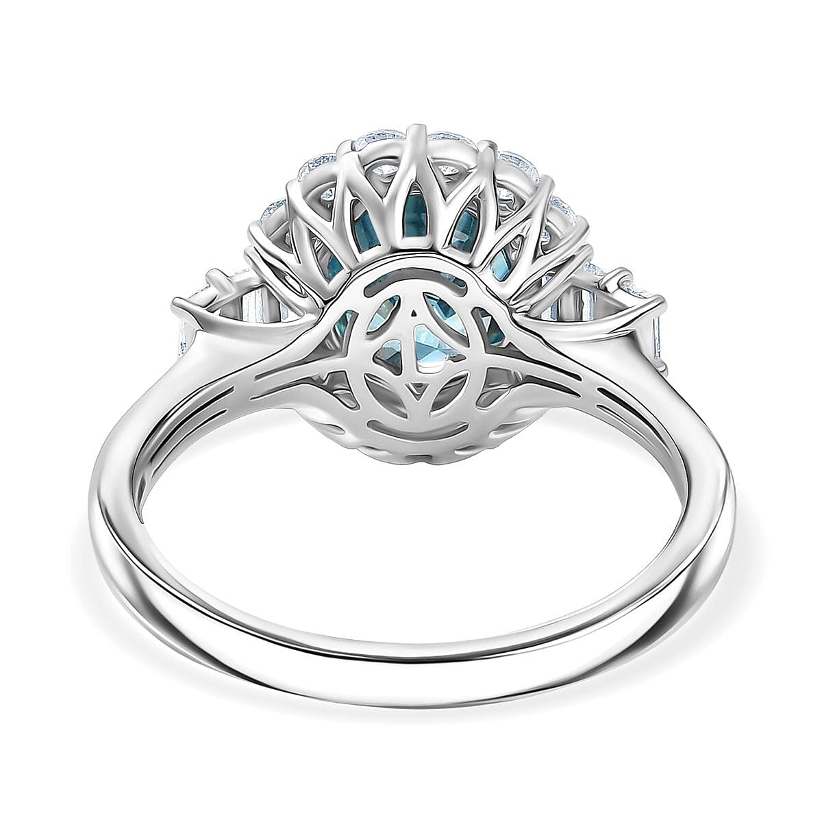 Certified & Appraised AAA Cambodian Blue Zircon and Luxuriant Lab Grown Diamond G-H SI 4.42 ctw Ring in 10K White Gold (Size 7.0)  image number 4