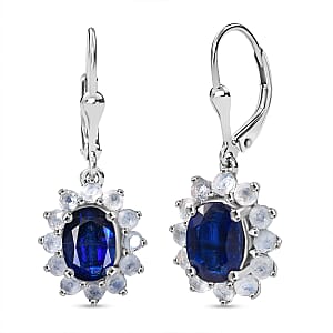 D'Joy Premium Kashmir Kyanite and Rainbow Moonstone 3.00 ctw Moonlit Halo Earrings in Rhodium Over Sterling Silver