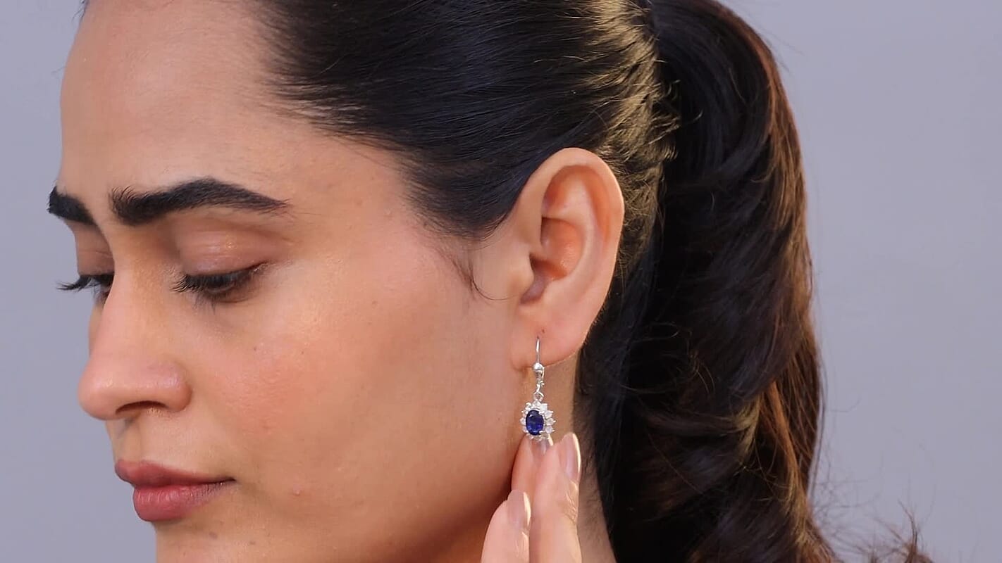 D'Joy Premium Kashmir Kyanite and Rainbow Moonstone 3.00 ctw Moonlit Halo Earrings in Rhodium Over Sterling Silver