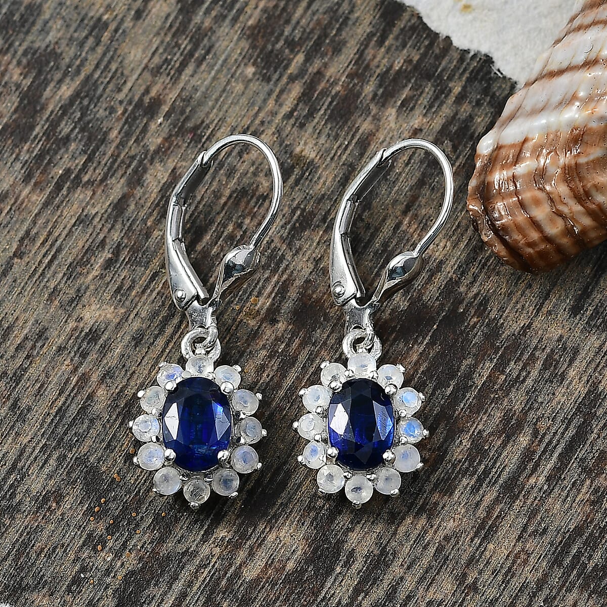 D'Joy Premium Kashmir Kyanite and Rainbow Moonstone 3.00 ctw Moonlit Halo Earrings in Rhodium Over Sterling Silver image number 1