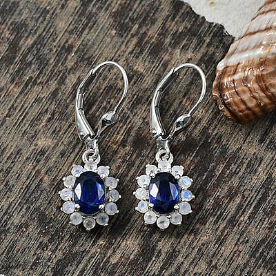 D'Joy Premium Kashmir Kyanite and Rainbow Moonstone 3.00 ctw Moonlit Halo Earrings in Rhodium Over Sterling Silver