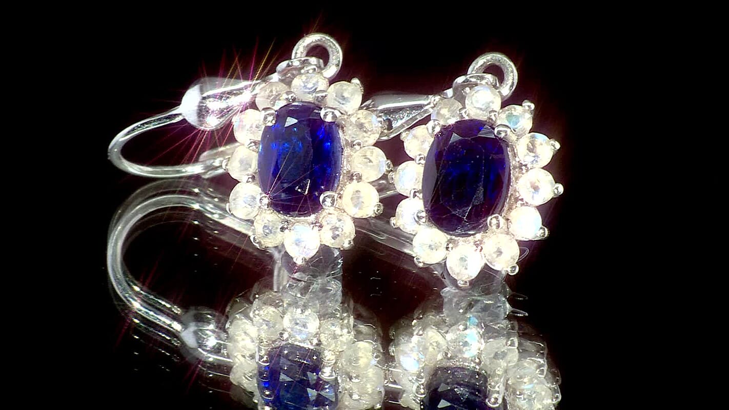 D'Joy Premium Kashmir Kyanite and Rainbow Moonstone 3.00 ctw Moonlit Halo Earrings in Rhodium Over Sterling Silver